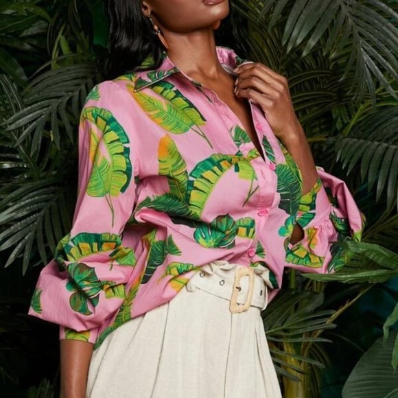 Tropical Print Lantern Button Down Sleeve Blouse Top - Picture 3 of 5